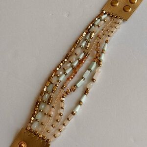 Beaded bracelet/ apricot,mint,copper color beads/button closure
